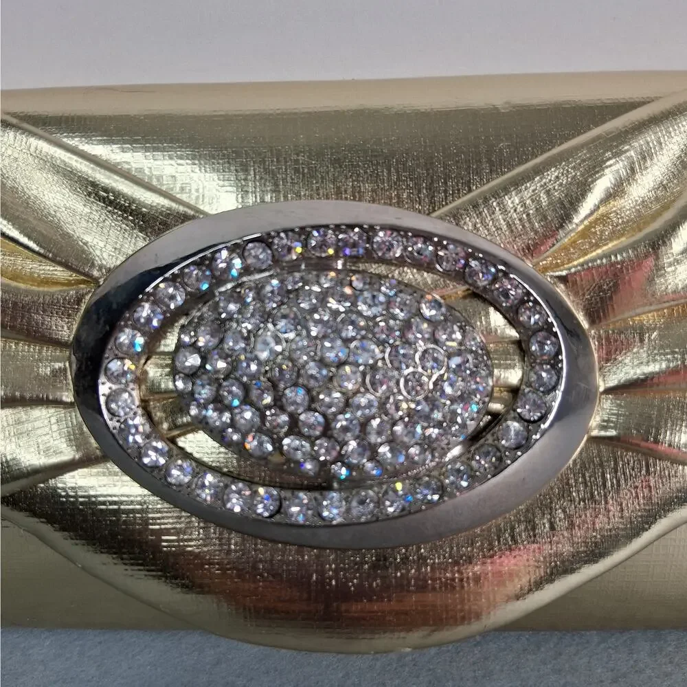 Ray USA Formal Bag Purse Gold Colored w/ Rhinestones Clutch Shoulder Crossbody